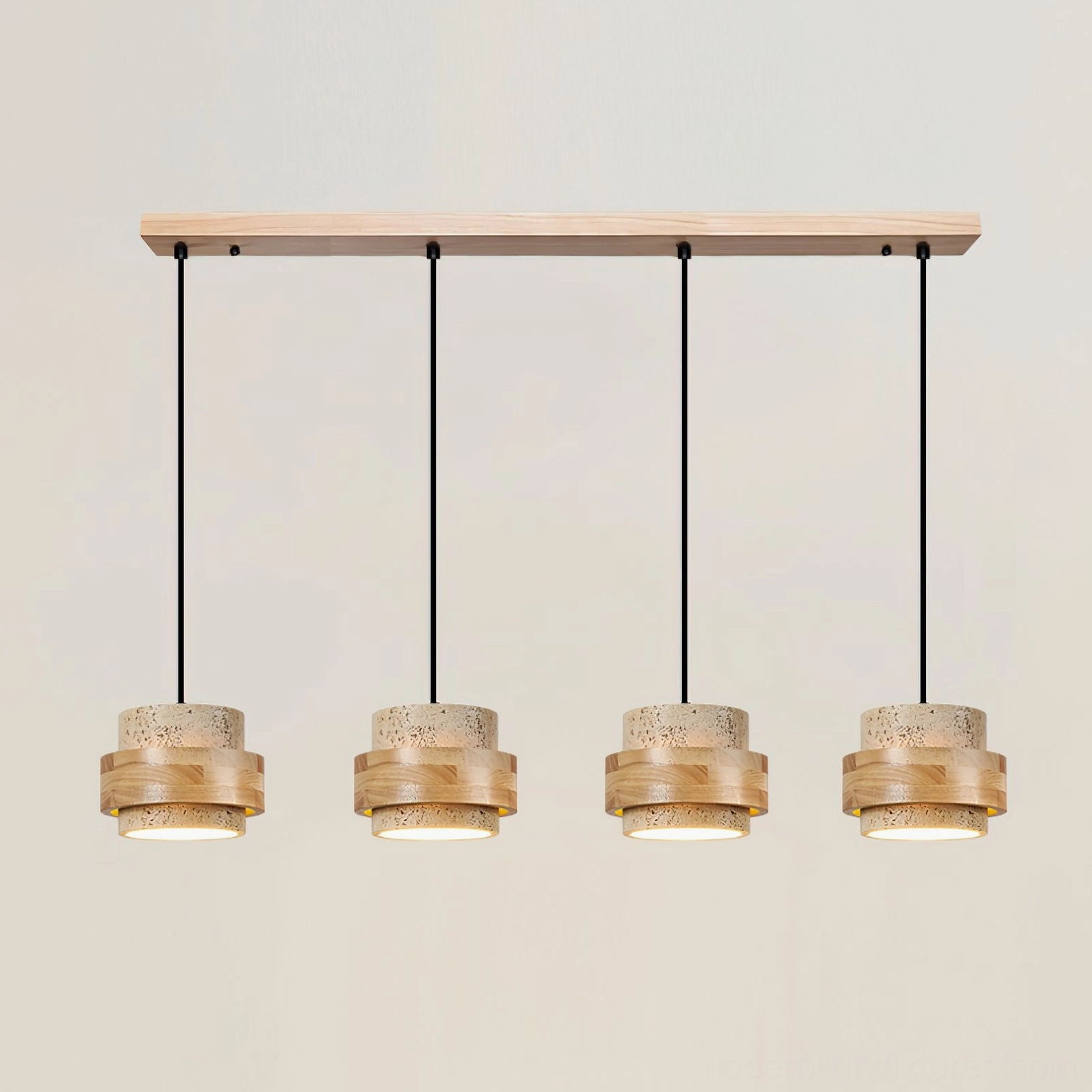 Four-head travertine pendant linear yellow stone chandelier, large span installation over dining table