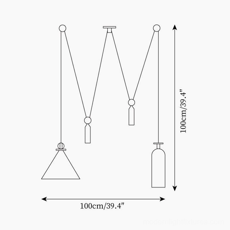 Four-piece geometric pendant lighting system technical drawing model D E specifications 39.4 inches square