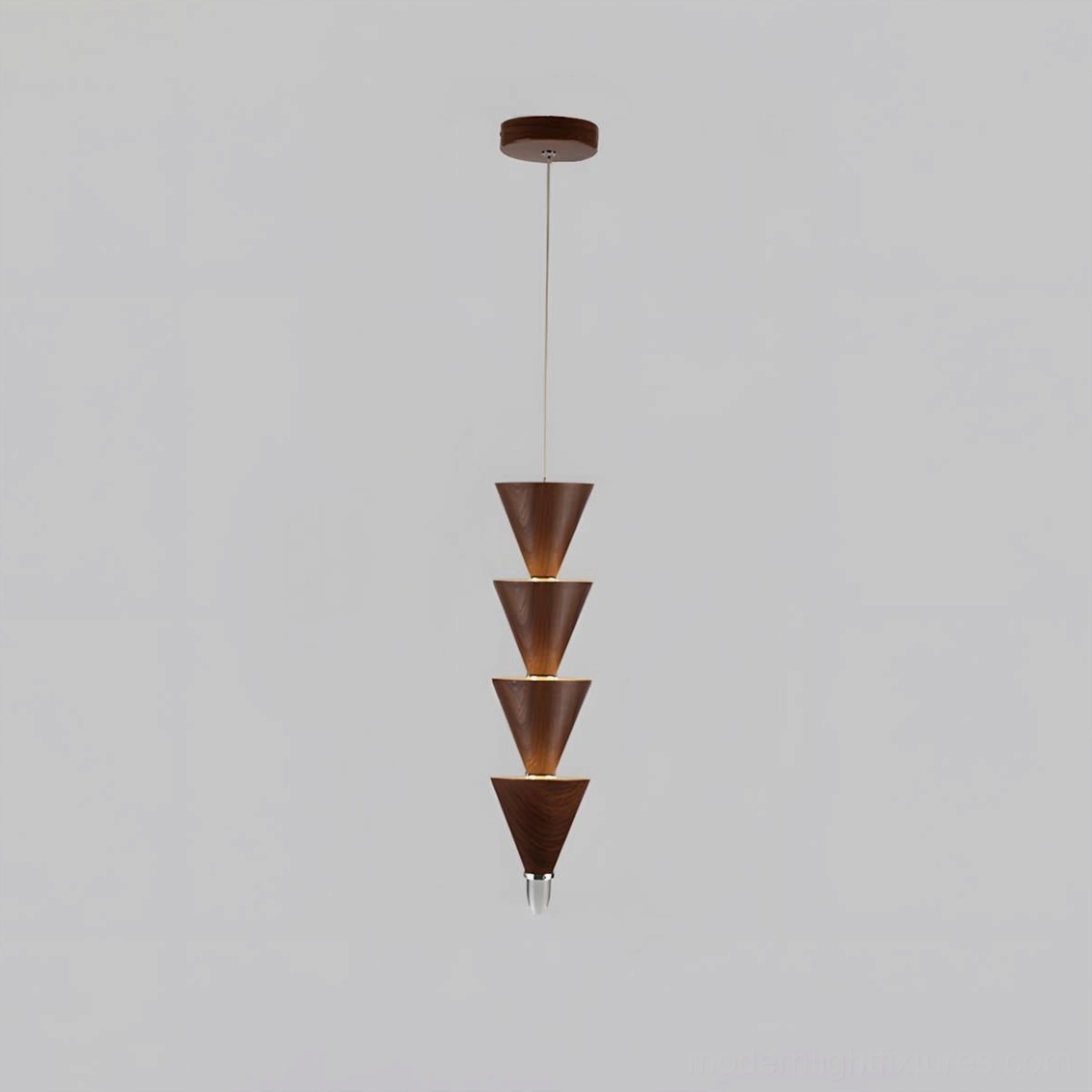 Four-tier stacked cone pendant light with brown wood finish and cascading cone design