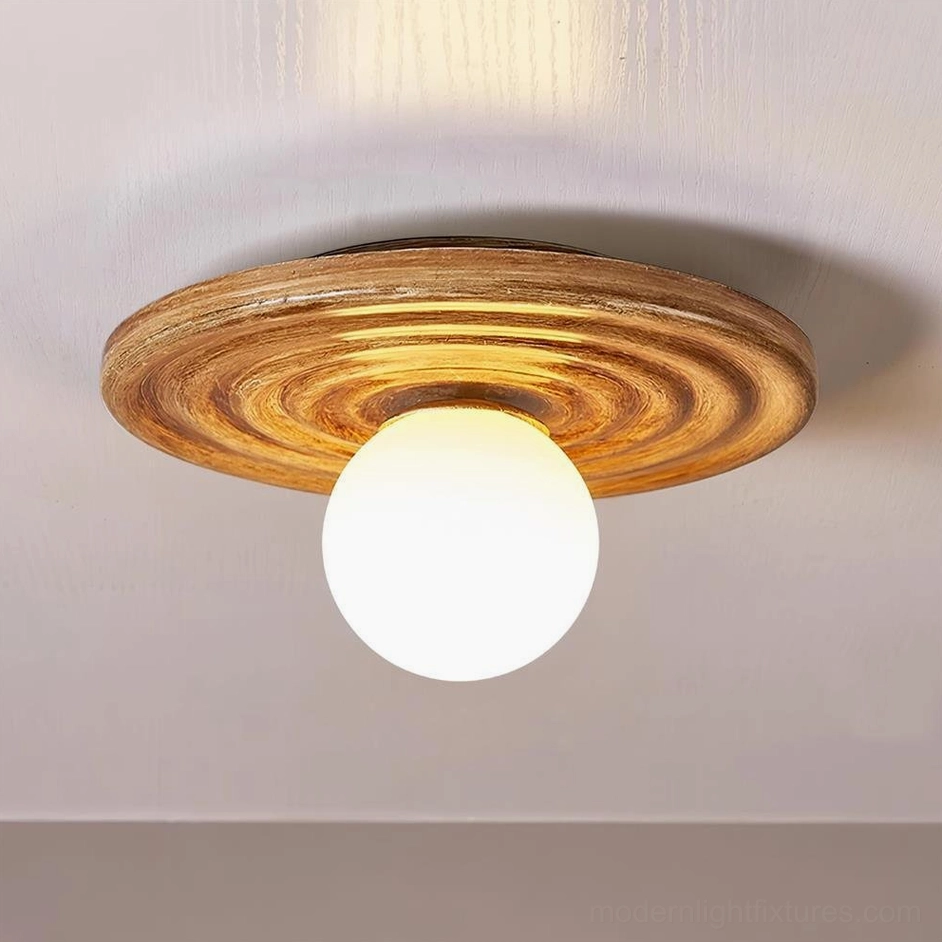 Francie wabi-sabi ceiling light fixture in brown earth tone with warm luminous quality and concentric ribbed design