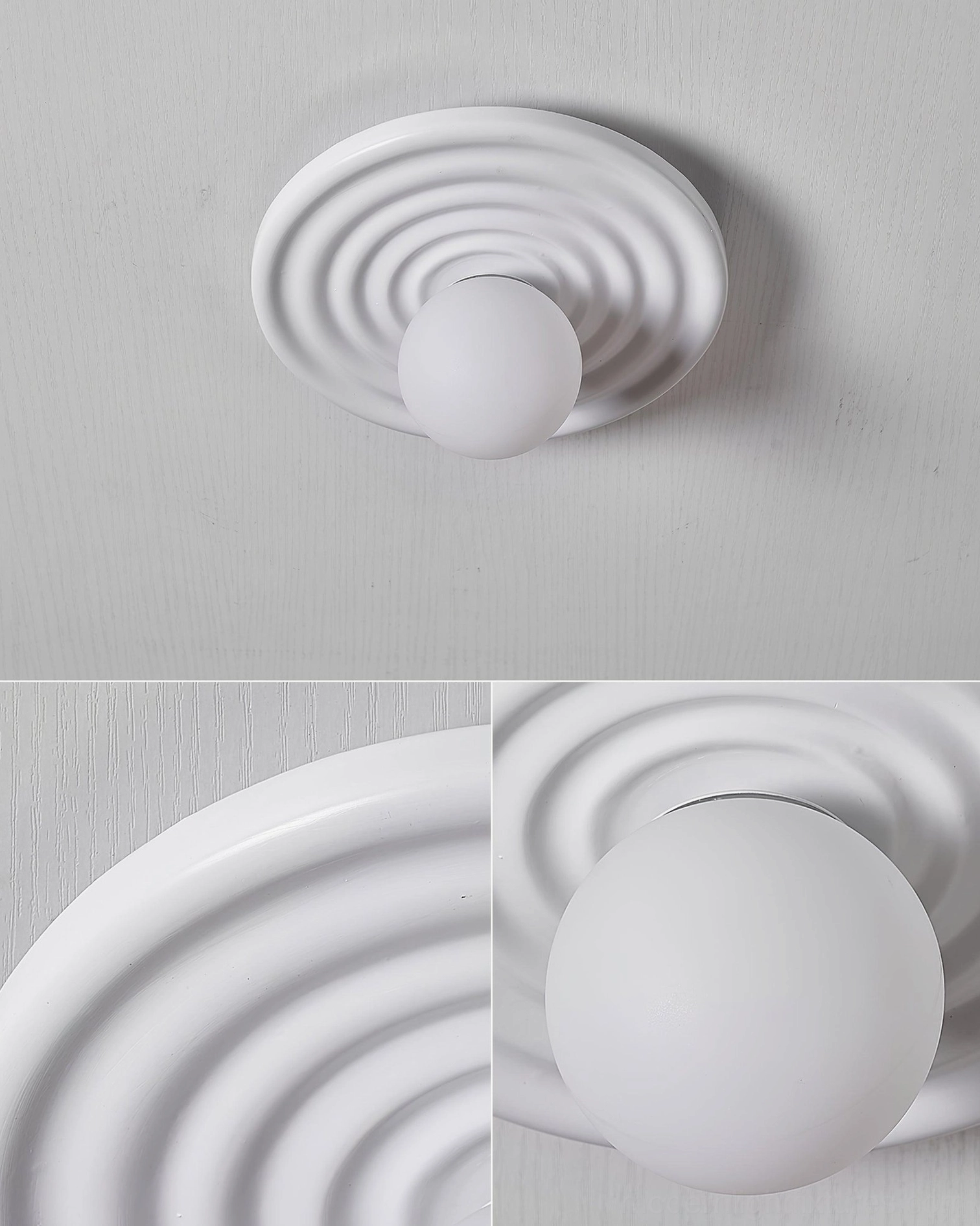 Close-up detail of Francie matte white ribbed ceiling light showing concentric ripple texture and frosted bulb housing