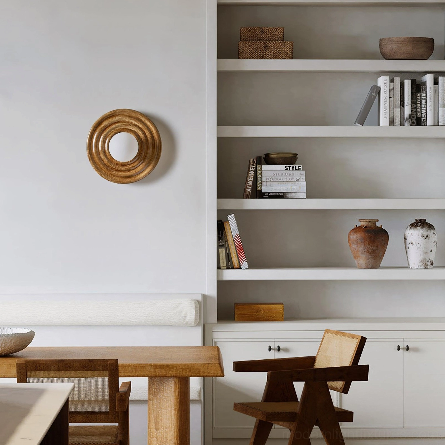 Francie ribbed wall sconce fixture above dining nook with warm wood tone finish and minimalist open shelving