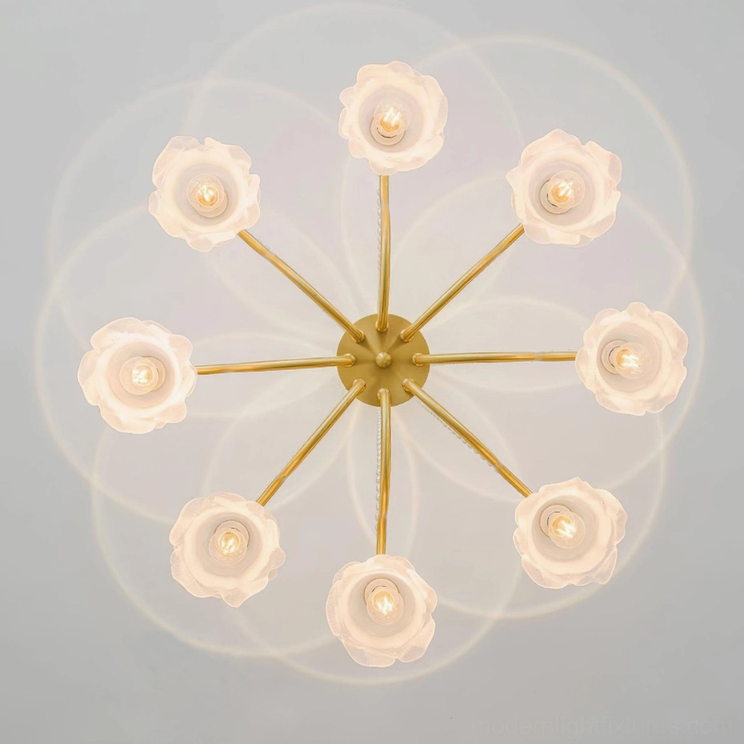 French botanical rose chandelier - decorative ceiling fixture with brass and glass construction