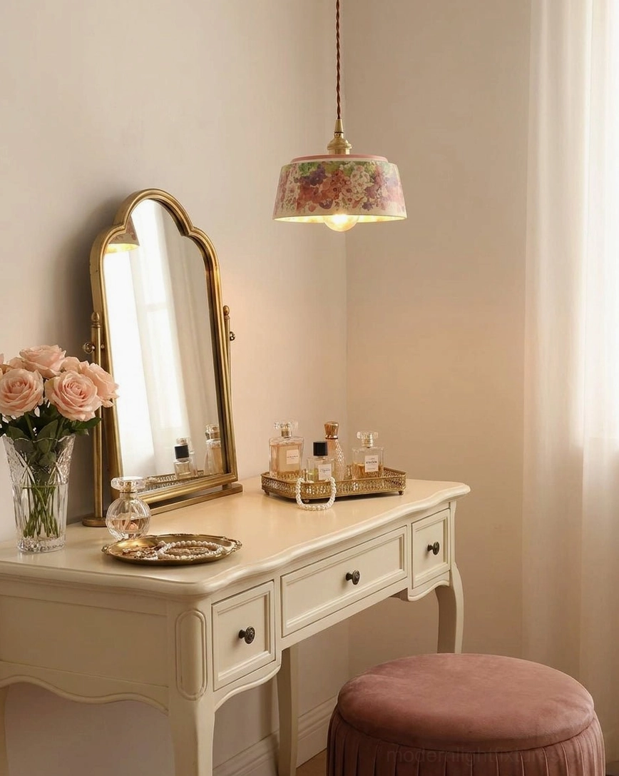 French country style pendant light with watercolor florals in bedroom vanity desk area