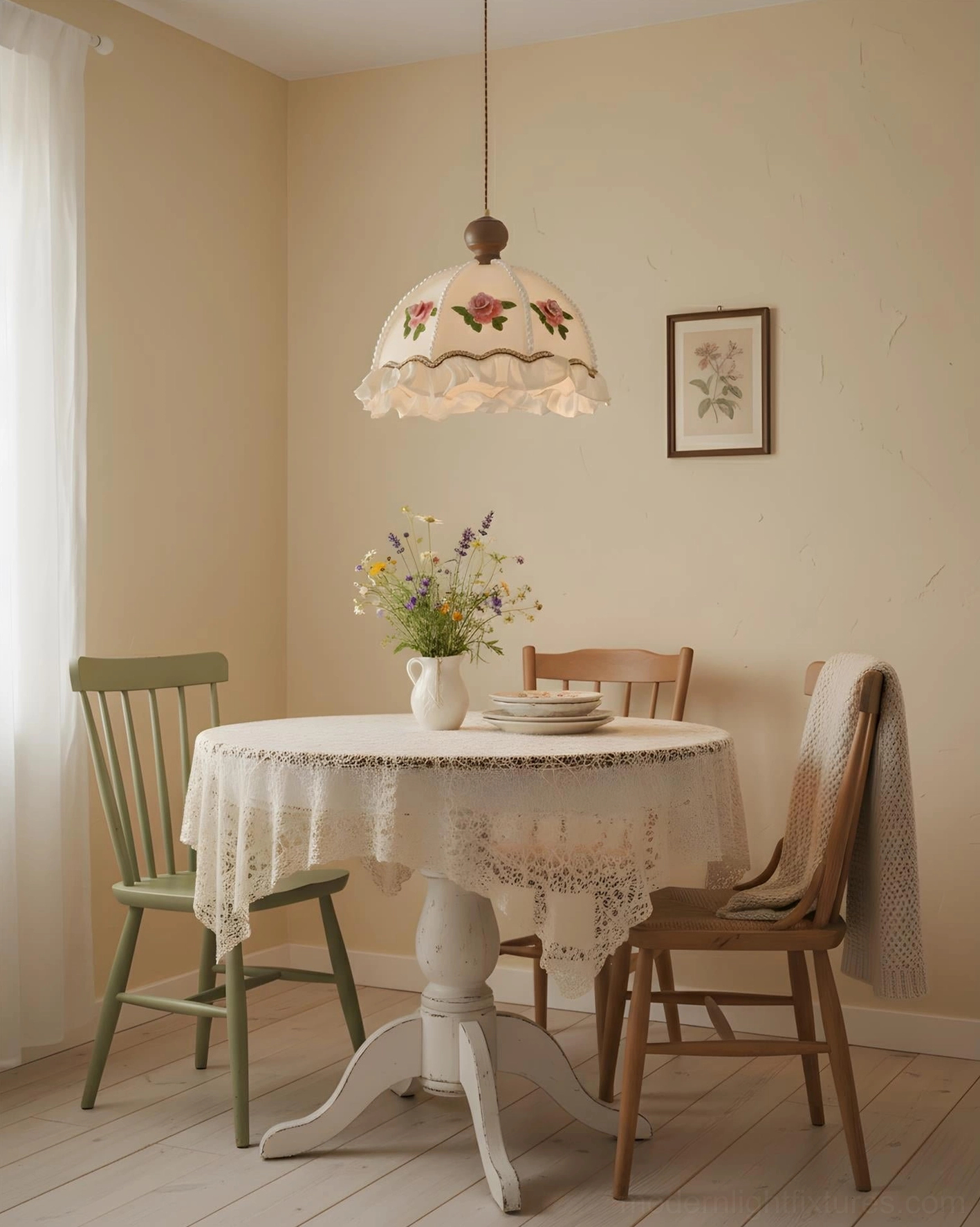 Floral pendant light suspended over small casual dining space with French country warm earthy tones