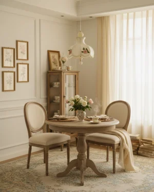 Romantic floral pendant lamp hung above wooden dining table in French country dining room with natural sunlight