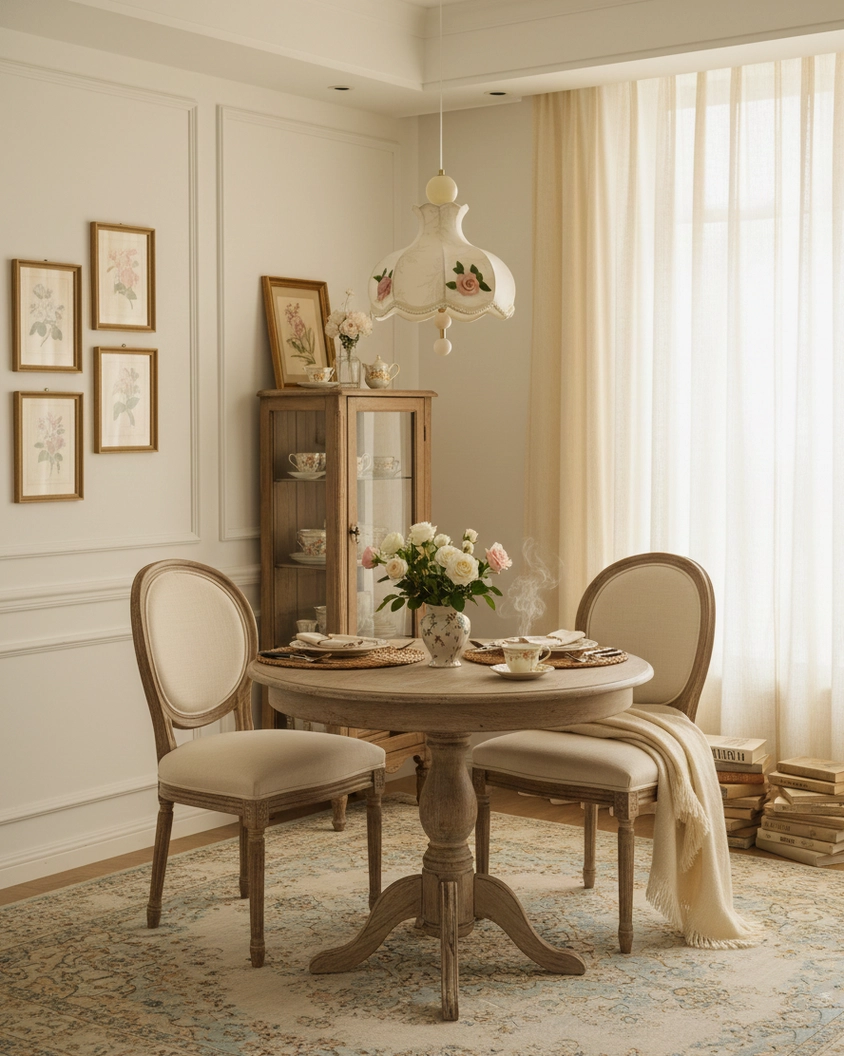 Romantic floral pendant lamp hung above wooden dining table in French country dining room with natural sunlight