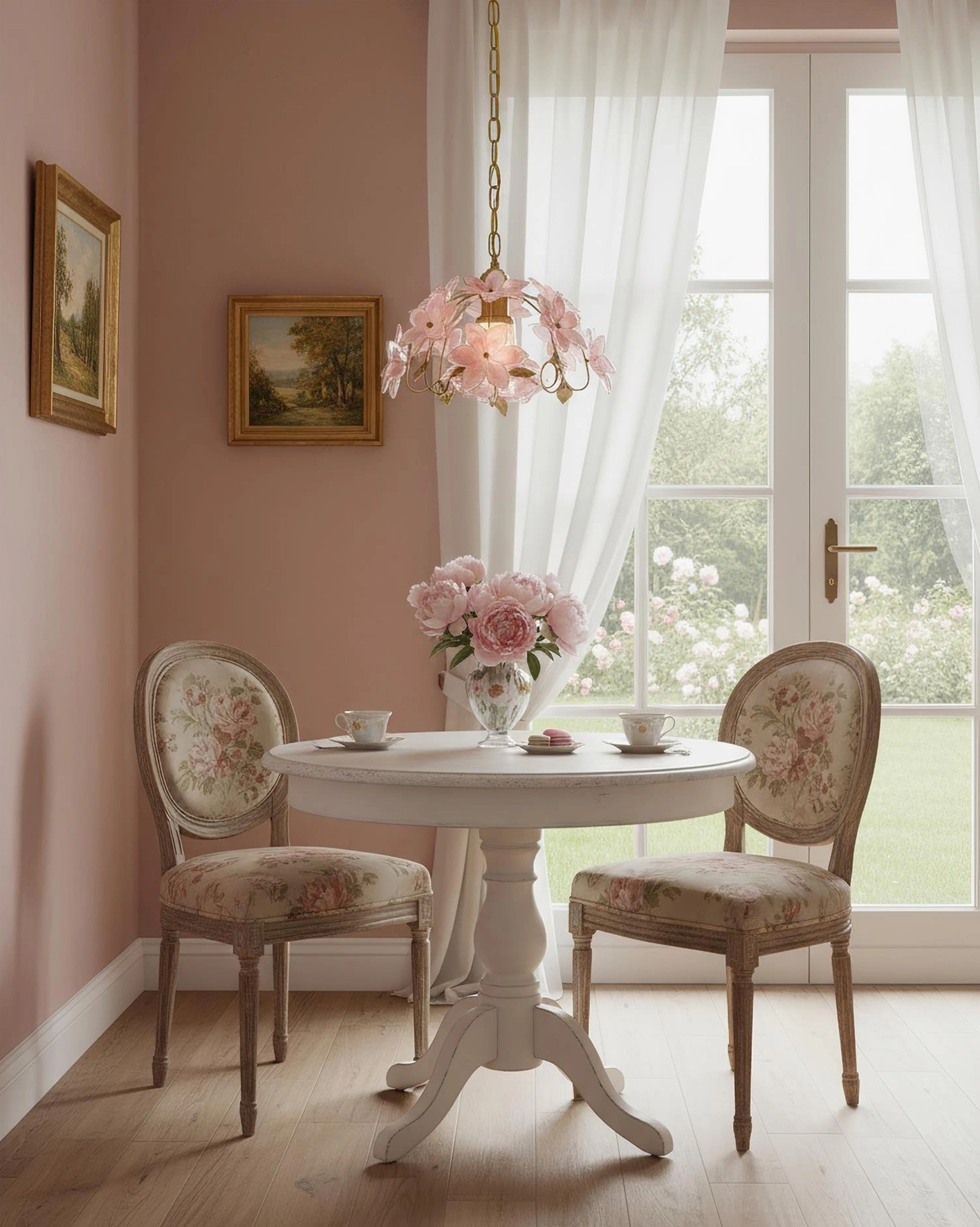 Pink floral pendant lamp in vintage French dining nook with floral wall art and warm ambiance