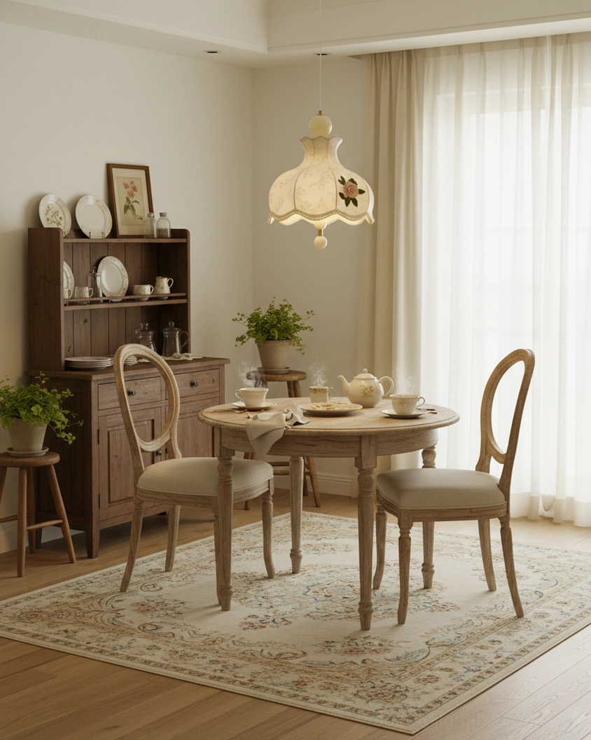 Romantic floral pendant lamp hung above round wooden dining table in warm vintage French country dining room