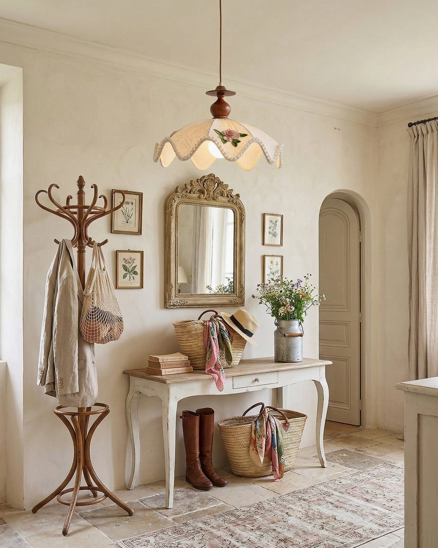 Scalloped fabric pendant lamp in vintage hallway with French country cottage styling