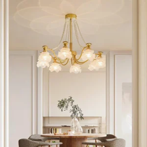 French floral rose pendant light fixture installed in residential dining room - overhead view with warm ambient glow