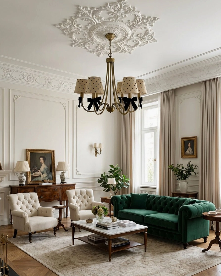 Traditional French lounge with dot chandelier and green velvet sofa styling
