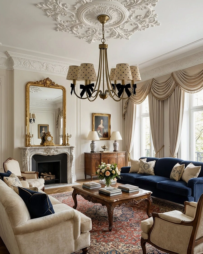 French neoclassical living room with dot chandelier and fireplace accent