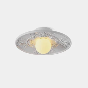 French retro vintage floral ceiling light fixture with ornate carved botanical design and warm illuminated bulb, front overhead view