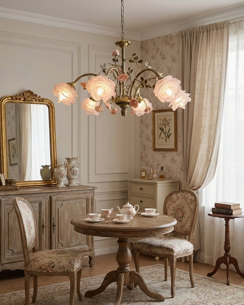 Romantic garden chandelier in French style tea room with pink floral wallpaper and antique gold-framed side cabinet