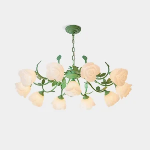French Siena Rose Chandelier - 7 head floral pendant light with green metal frame and milk-white acrylic rose shades, front view studio photography