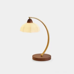 Fritz mid-century table lamp with vintage glass shade and solid wood base, front view on white backdrop