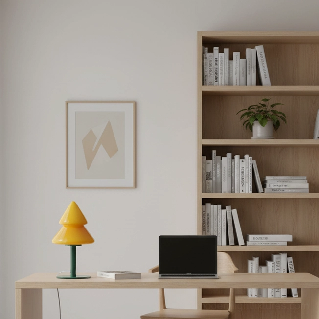 Front view of modern Christmas tree table lamp with glossy shade and sculptural base
