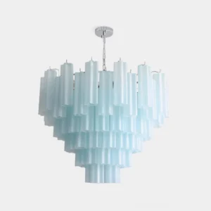 Gradient blue frosted glass tiered chandelier with sculptural conical layers, front overhead studio view