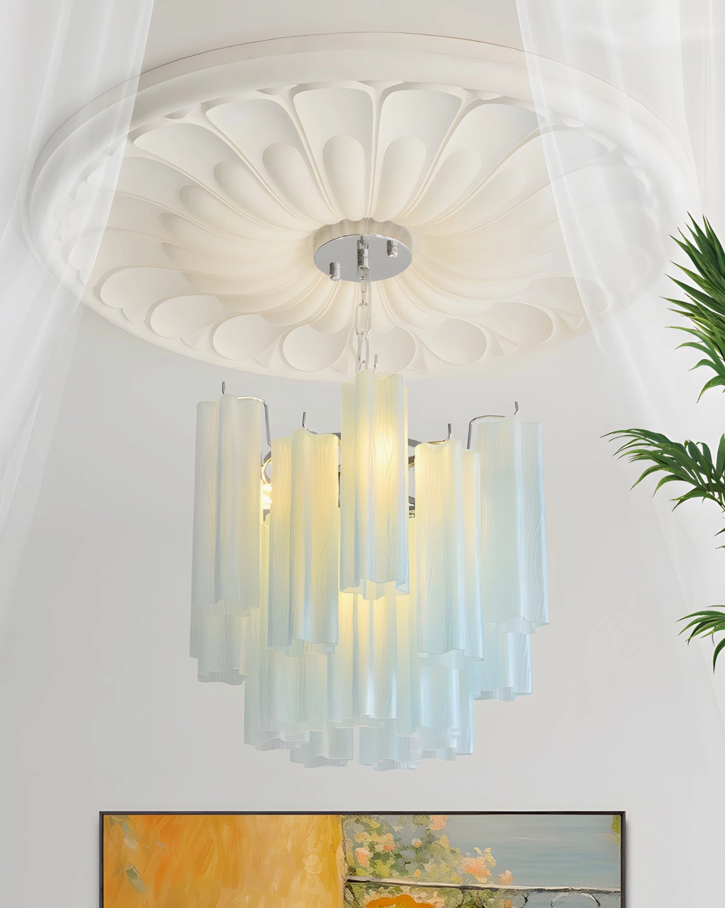 Frosted glass tiered chandelier adjustable chain hanging height installation