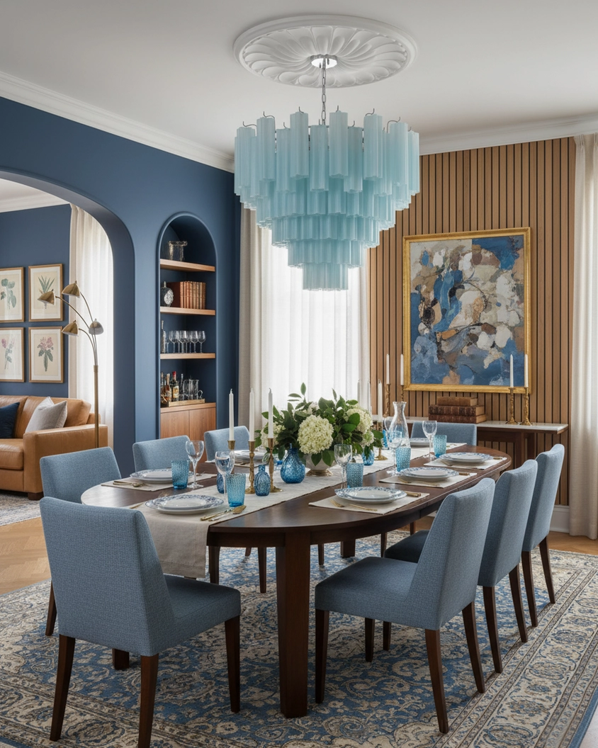 Frosted glass tiered chandelier architectural form in luxury commercial space