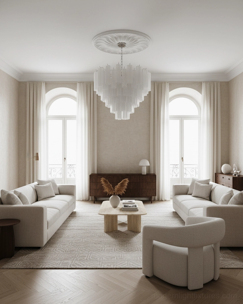 Contemporary frosted glass tiered chandelier installation in modern bedroom space