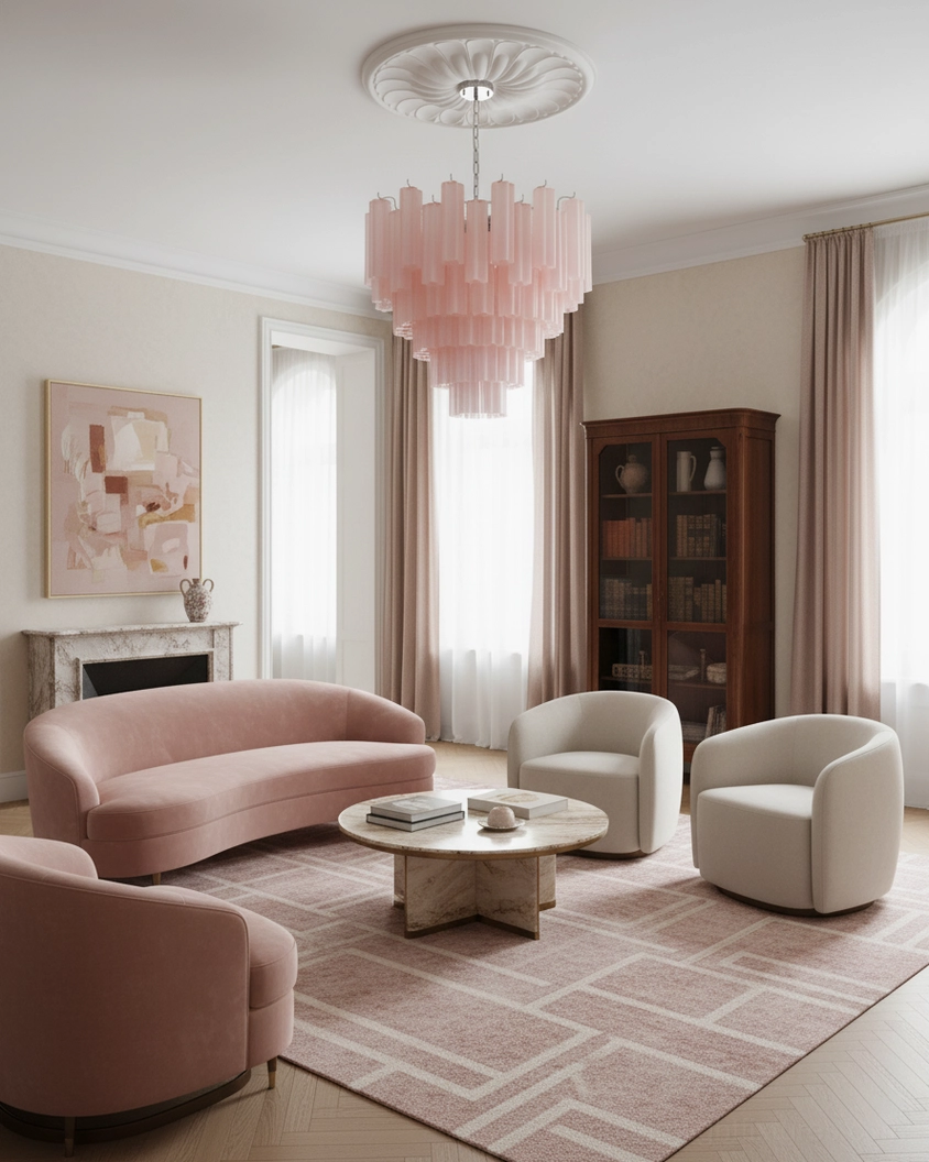 Frosted glass tiered chandelier creating ambient warmth in contemporary living room