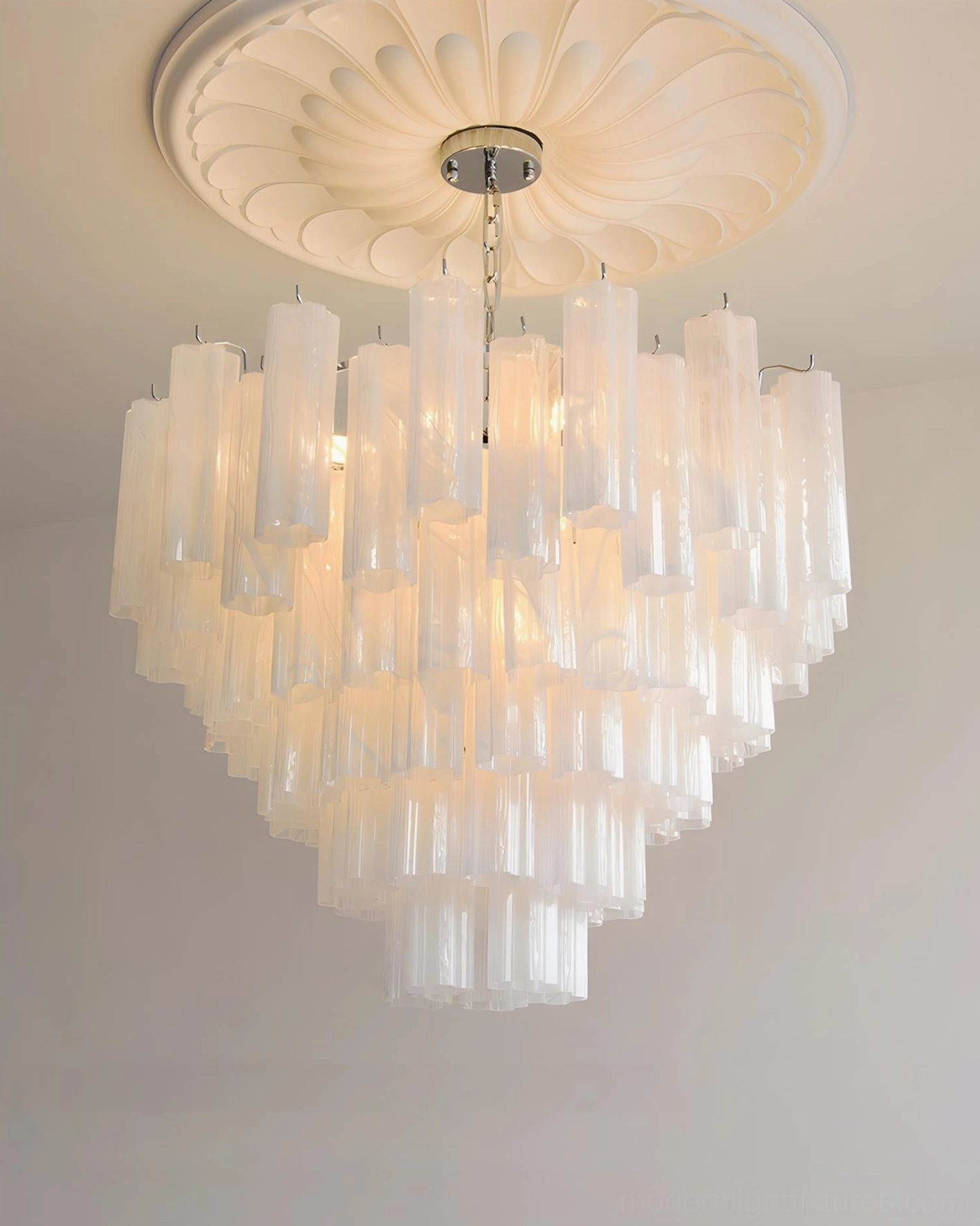 Frosted glass tiered chandelier glare reduction frosted surface optical design