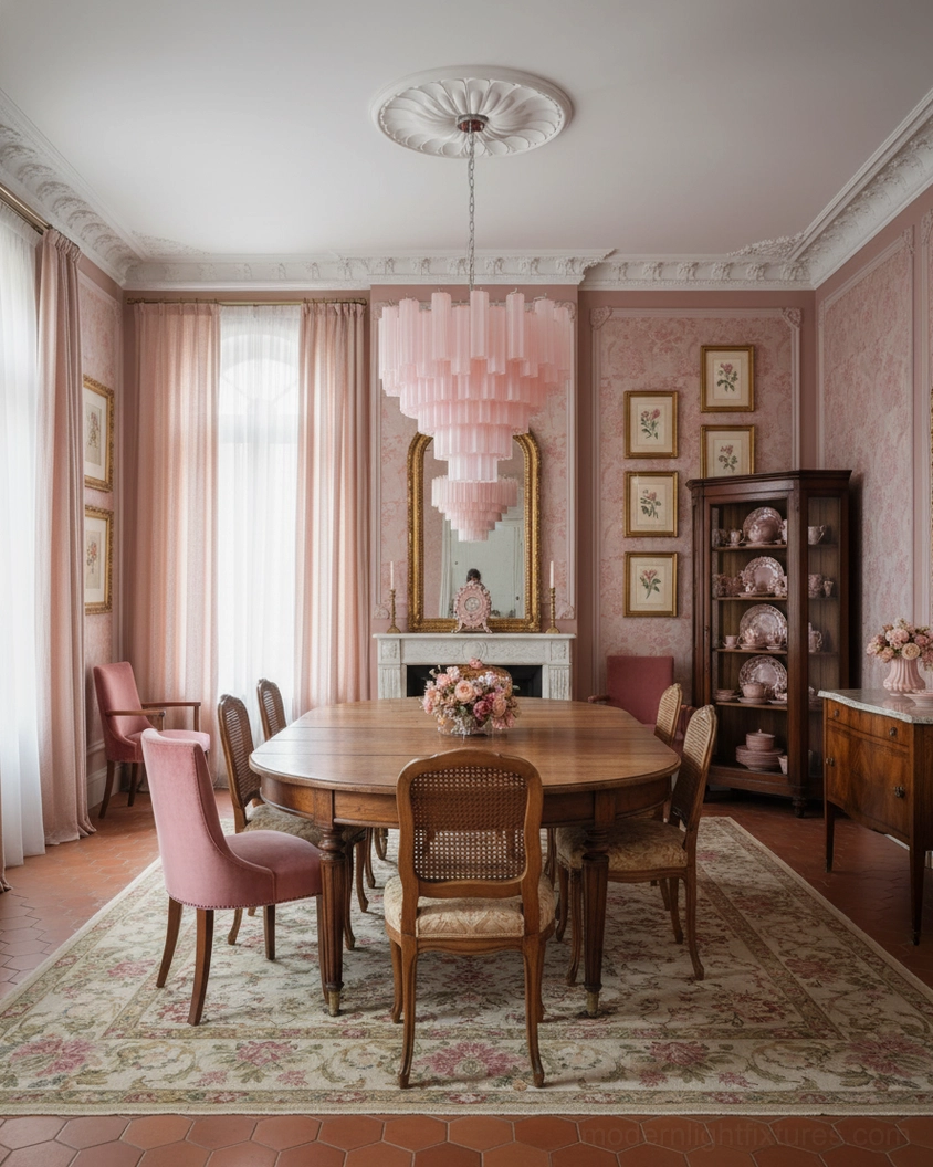 Modern frosted glass tiered chandelier paired with mid-century furniture design