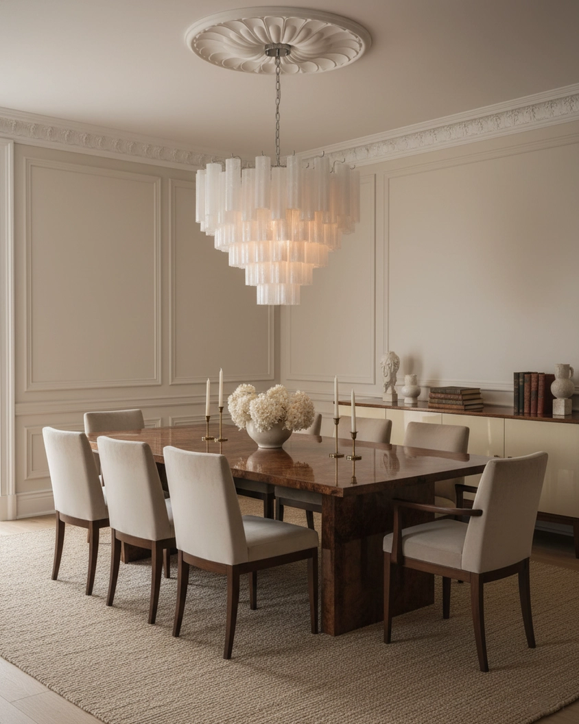Frosted glass tiered chandelier in minimalist Scandinavian interior aesthetic