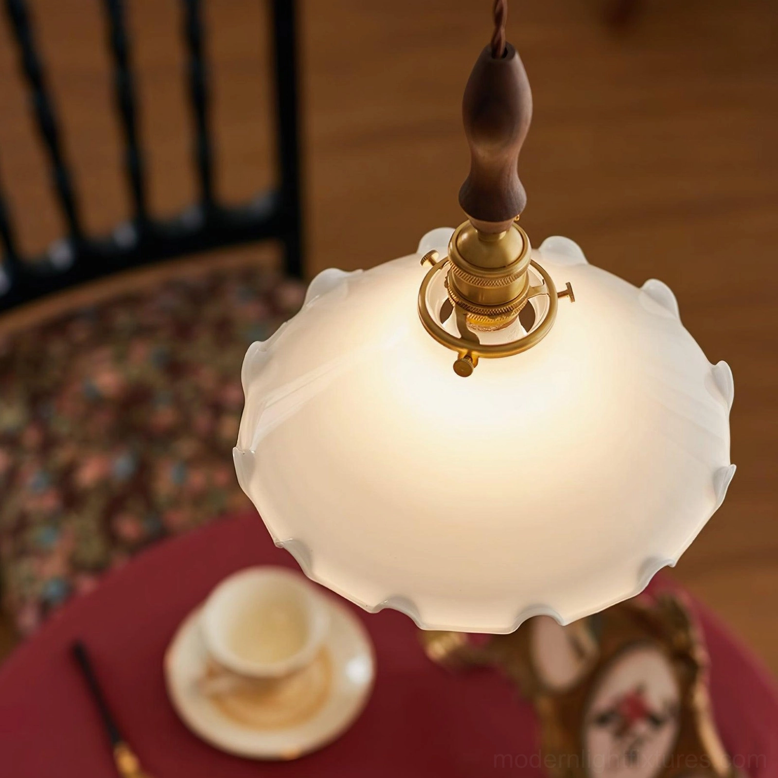 Frosted glass flower pendant lamp in modern interior, contemporary style application