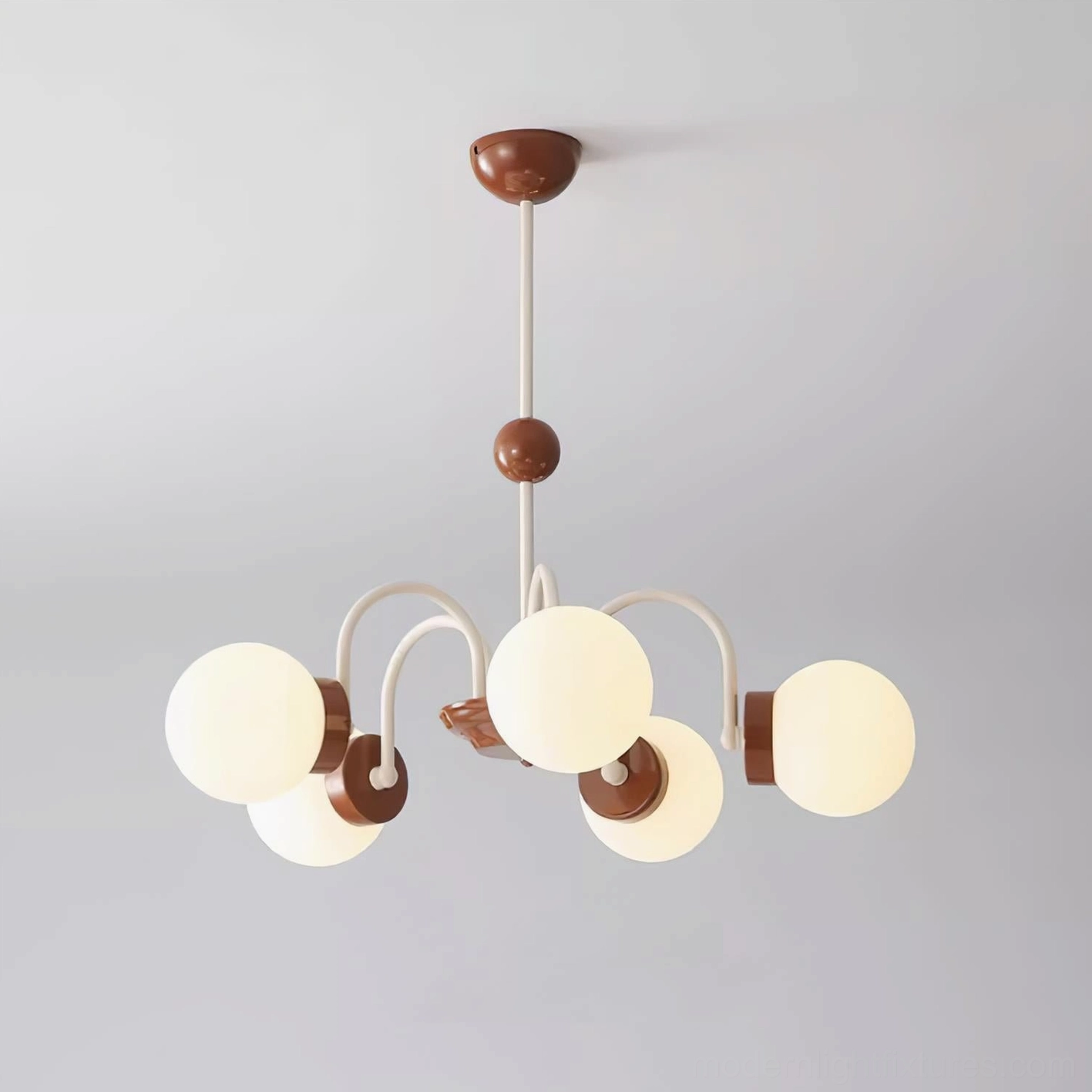 Modern frosted glass globe chandelier in neutral home setting, ambient lighting effect