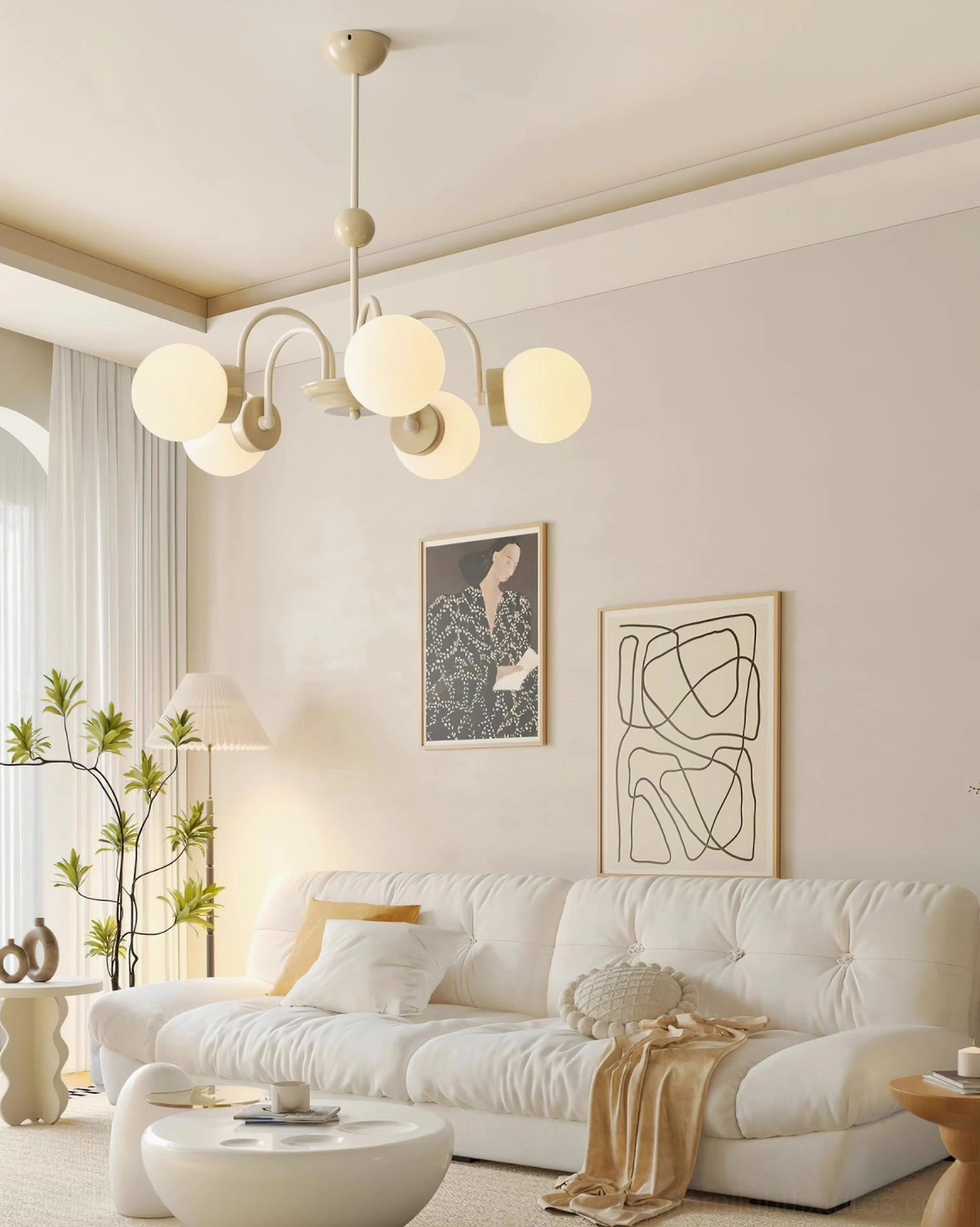 Modern frosted glass globe chandelier in elegant interior, sculptural lighting design