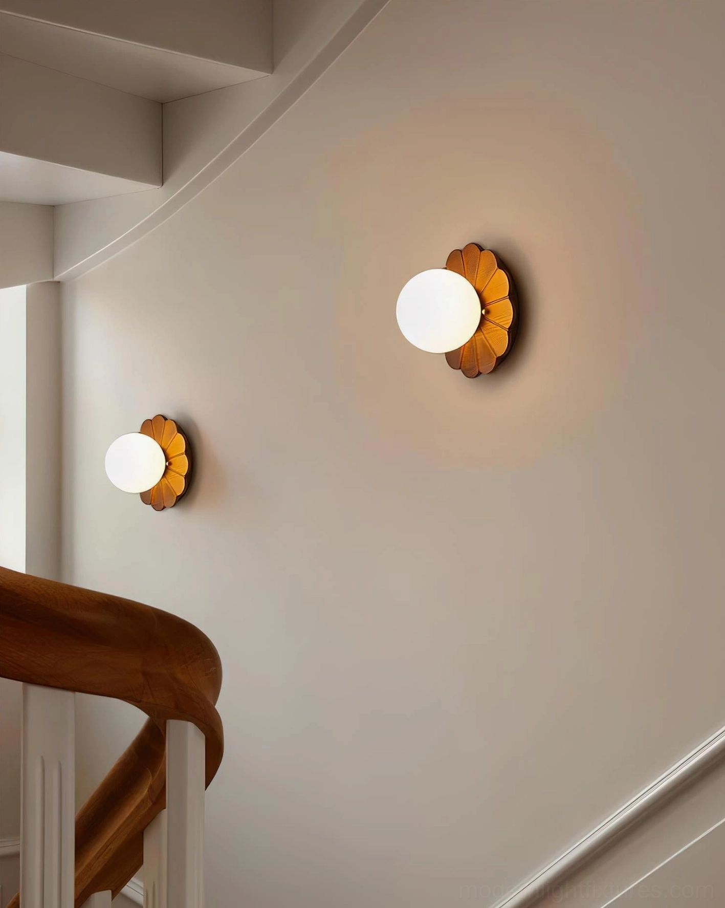 Frosted glass sphere botanical wall lamp highlighting diffused warm light and wood petal design