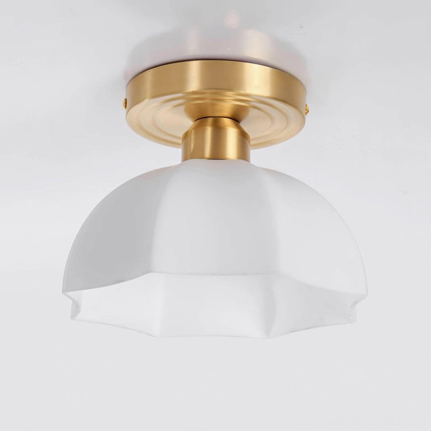 Frosted glass scalloped semi-flush ceiling light fixture in contemporary minimalist interior space
