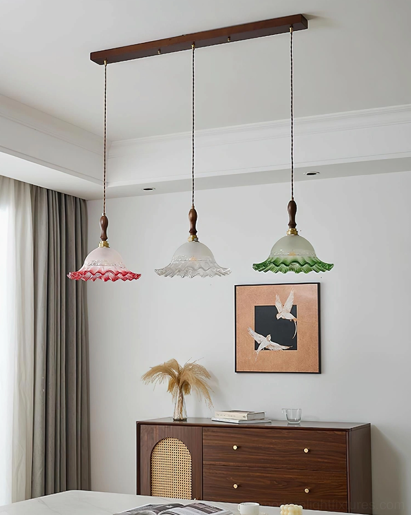 Hand-blown frosted glass pendant light showing textured surface and scalloped edges