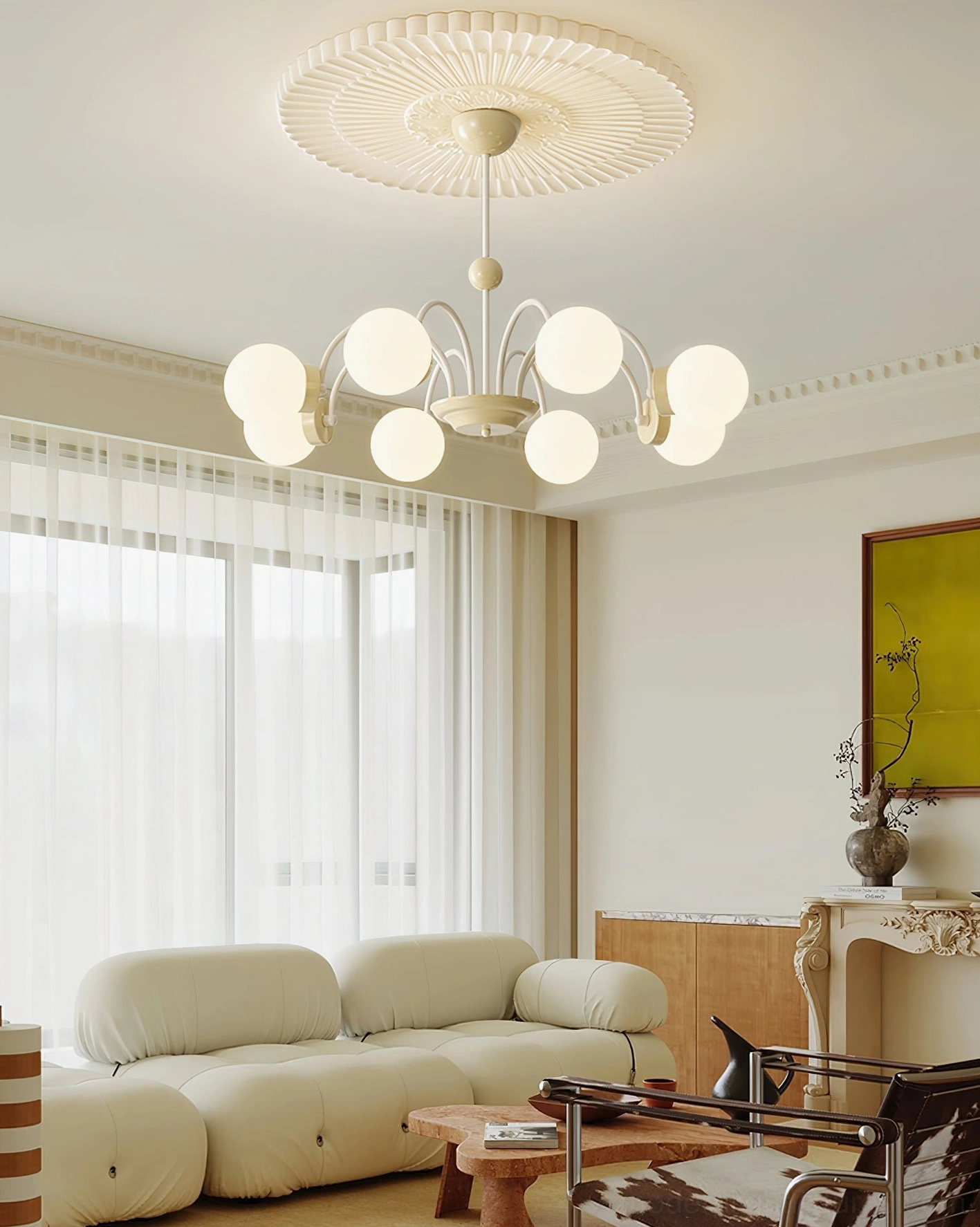 Modern glass sphere chandelier close-up, frosted globe and metal bracket assembly
