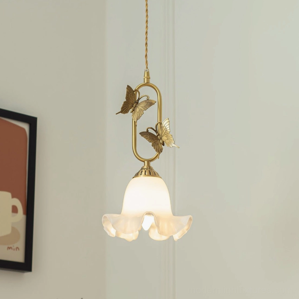 Frosted lily bell pendant light with delicate petal glass shade, 18cm diameter in cottage style interior