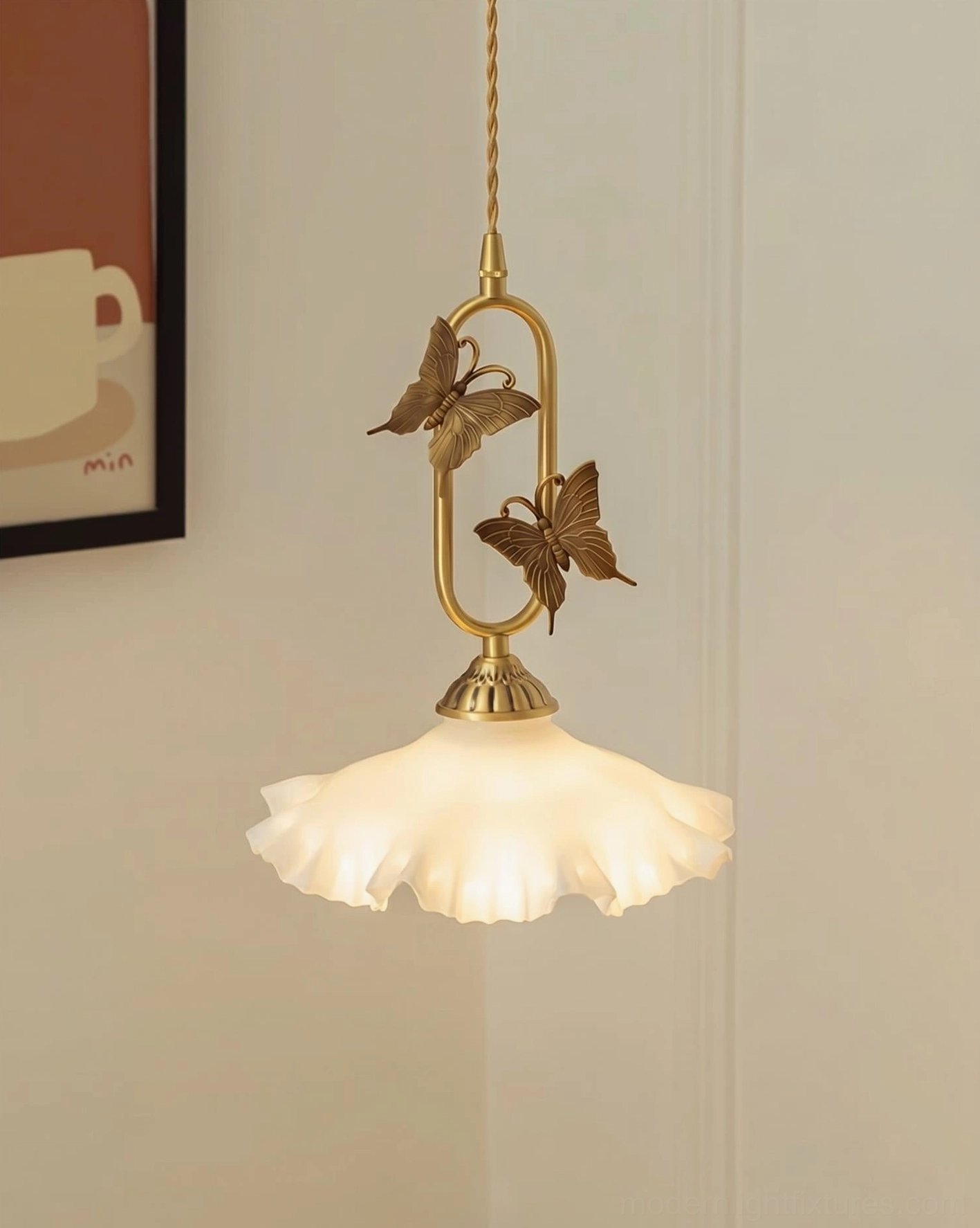 Frosted lily bell pendant light installed in modern bedroom, soft diffused warm lighting bedside accent