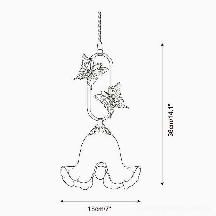 Petal bell frosted glass pendant light technical schematic, 36cm height 18cm diameter lily bell style specifications