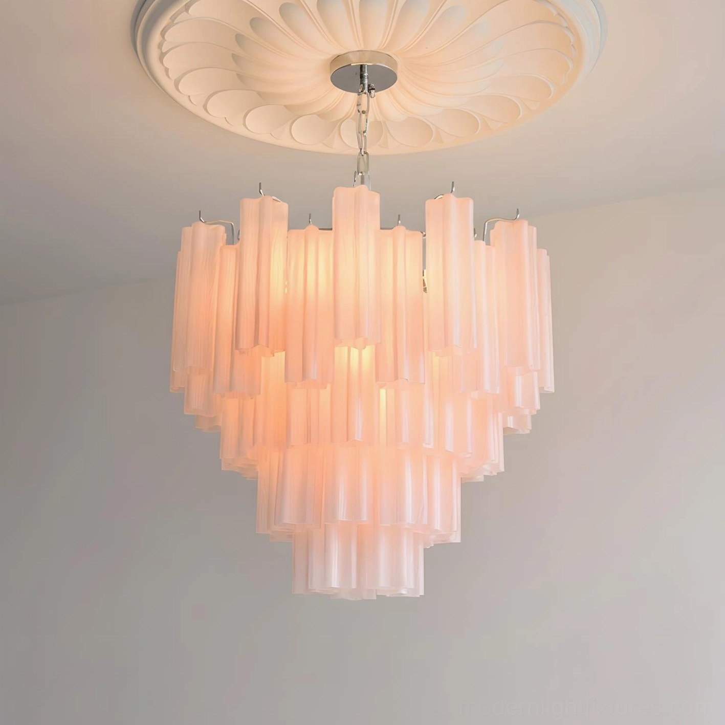 Frosted pink tiered glass chandelier 5-layer 80cm elegant bedroom lighting