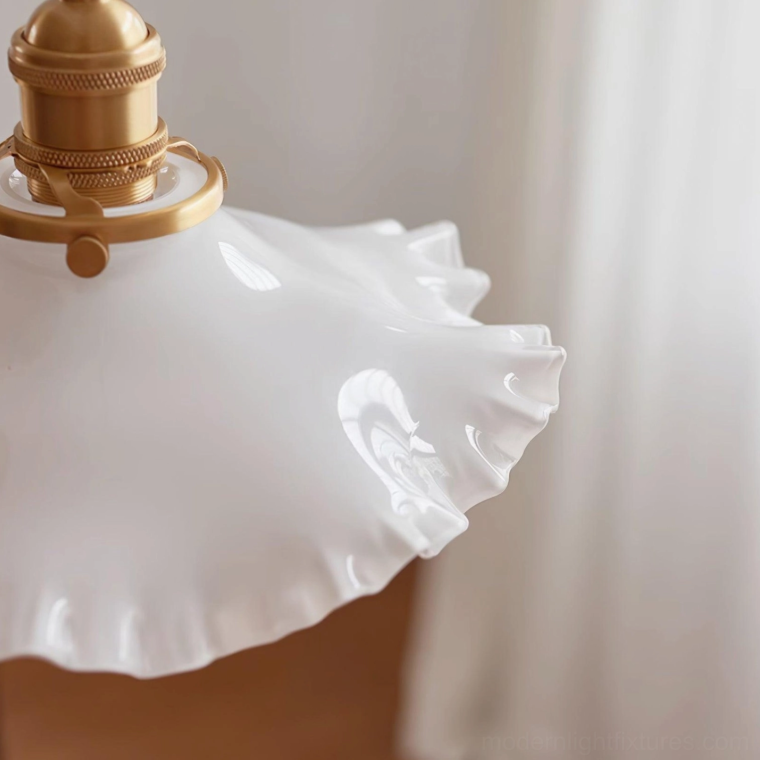 Frosted ruffled pendant light with brass base and adjustable cord, ready for dining room installation