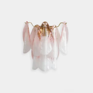 Fuchsia hand-blown glass wall sconce with pink gradient petals and gold brass frame on white background