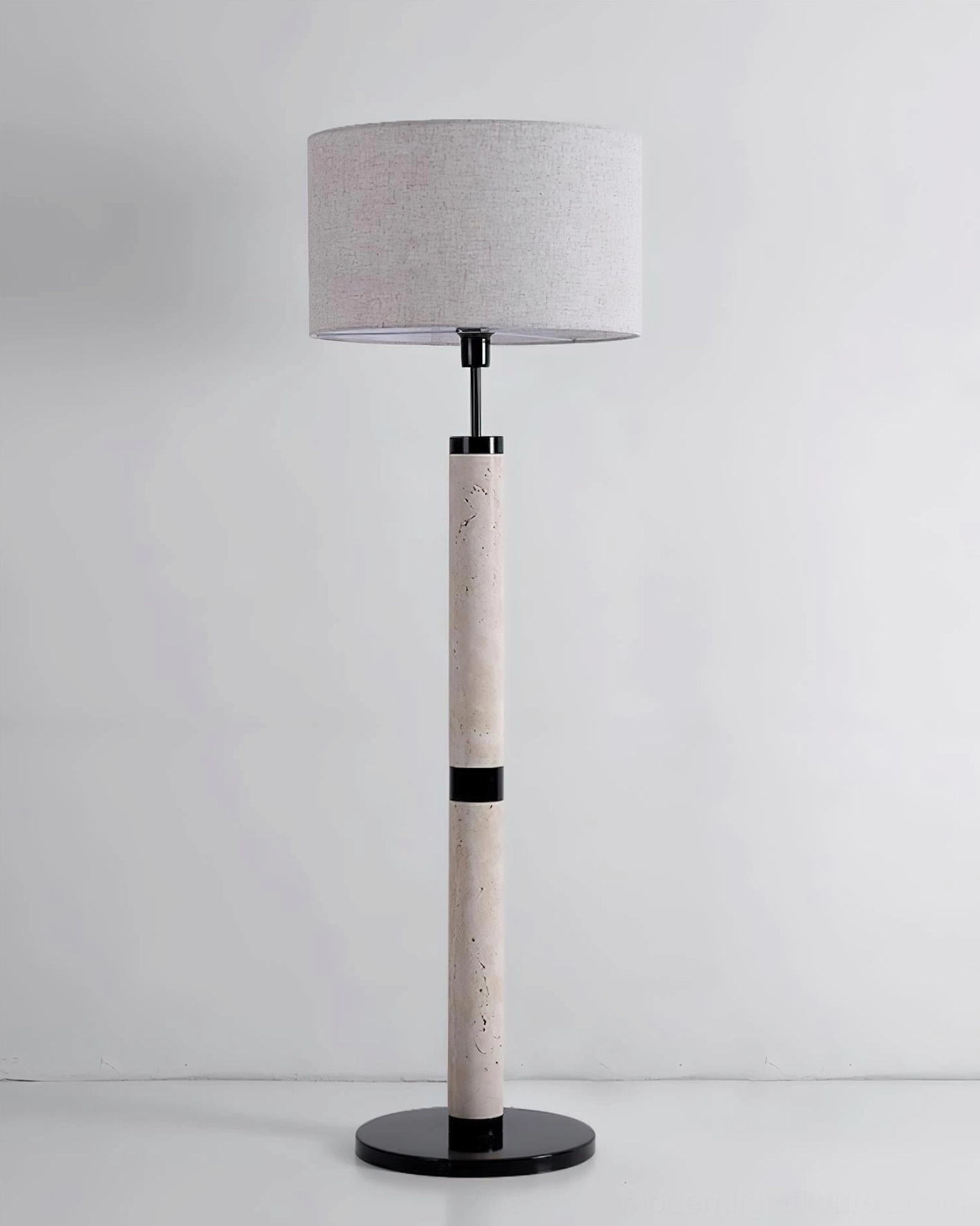Full height travertine column floor lamp with black metal base - modern sculptural standing light