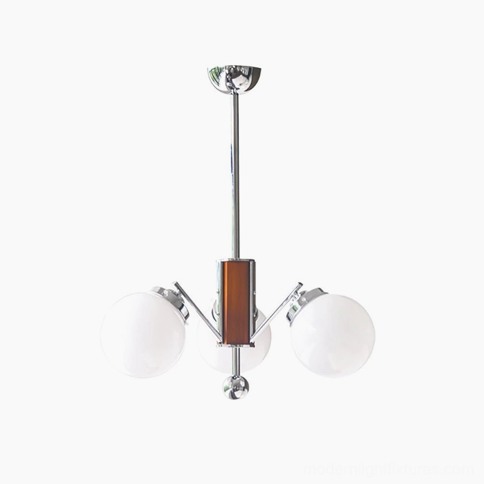 Gaetano mid-century sputnik chandelier compact 3-head model, chrome and walnut wood frame, frosted glass globes overhead view