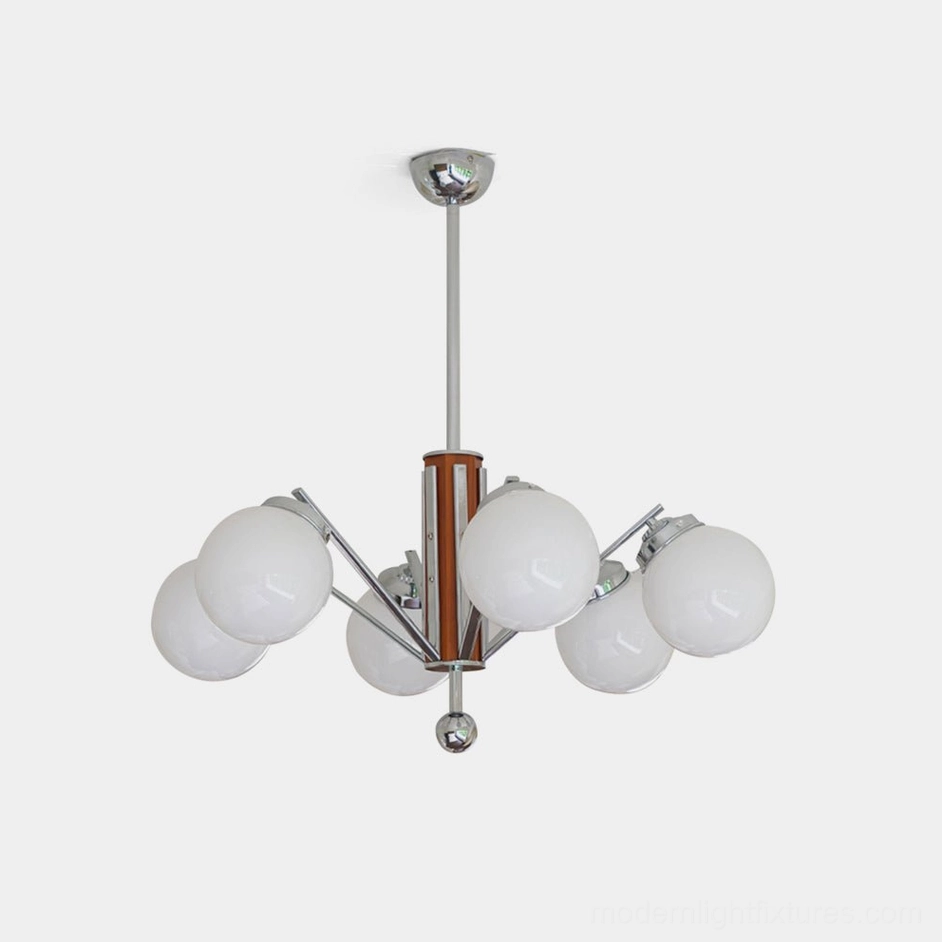 Gaetano mid-century sputnik chandelier with chrome frame and walnut wood accents, 8-globe frosted glass design, overhead studio view