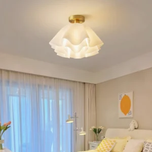 Gailon modern pleated ceiling light installed in Nordic minimalist bedroom with warm neutral decor