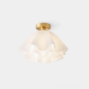 Gailon pleated brass ceiling light fixture with frosted white acrylic shade against white background, showing front flat view