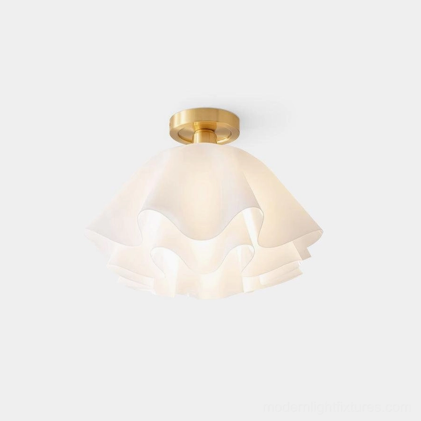 Gailon pleated brass ceiling light fixture with frosted white acrylic shade against white background, showing front flat view