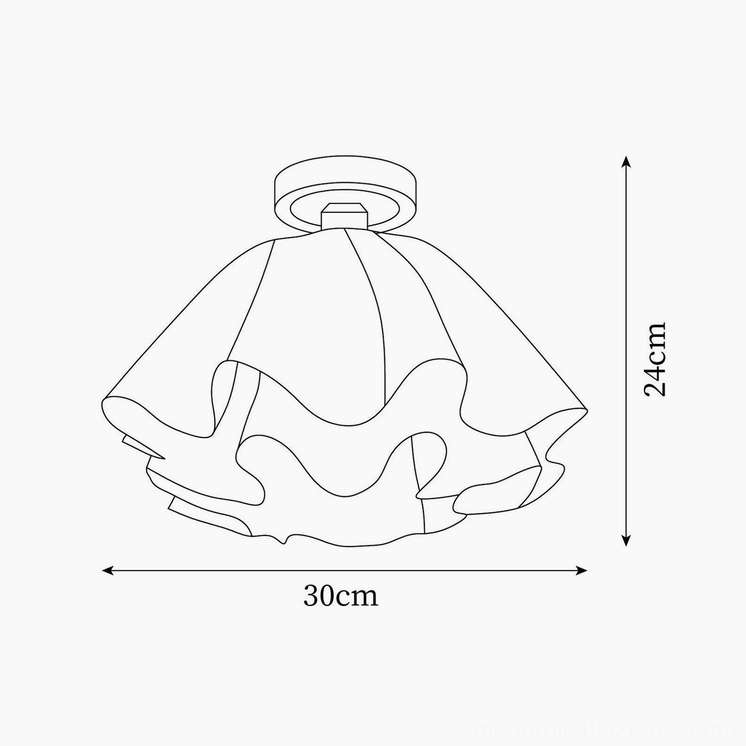 Gailon ceiling light technical schematic drawing showing 30cm diameter and 24cm height dimensions with pleated shade design